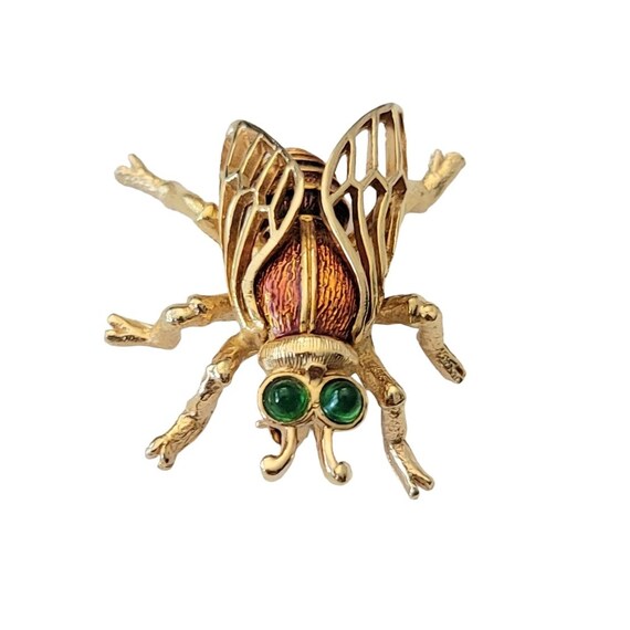 Boucher Gold Tone Enamel Green Glass Bullet Cab Eyes Bug, Fly Brooch Pin, Signed L44