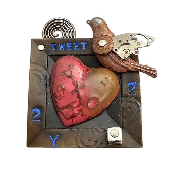 Steam Punk Style Bird Heart Brooch Tweet Metal Pin J496