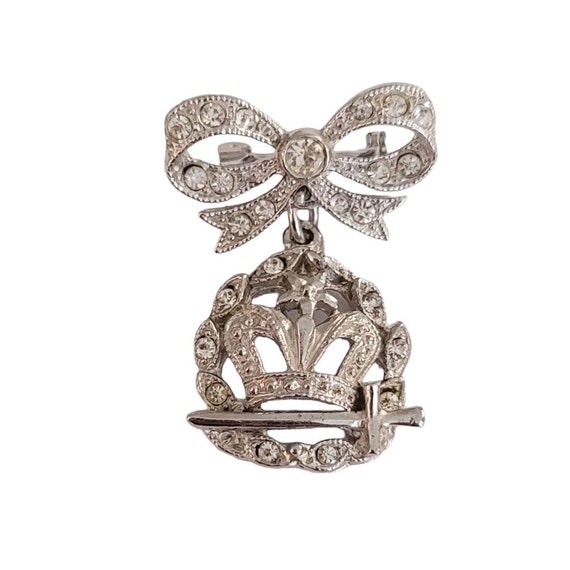 ORA Silver Tone Clear Rhinestone Bow Bar Crown Sword Dangle Pin, Signed K952