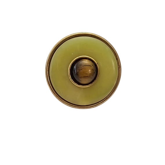 Jan Michaels Round Tiger Eye Green Stone Brass Ring Size 9 Signed, J687