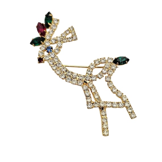 Vintage Clear Red Green Rhinestone Open Reindeer Brooch