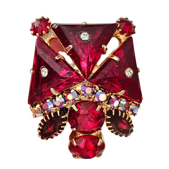 Red Rhinestone Vintage Chunky Trillion Navette Glass Cluster Brooch Pendant