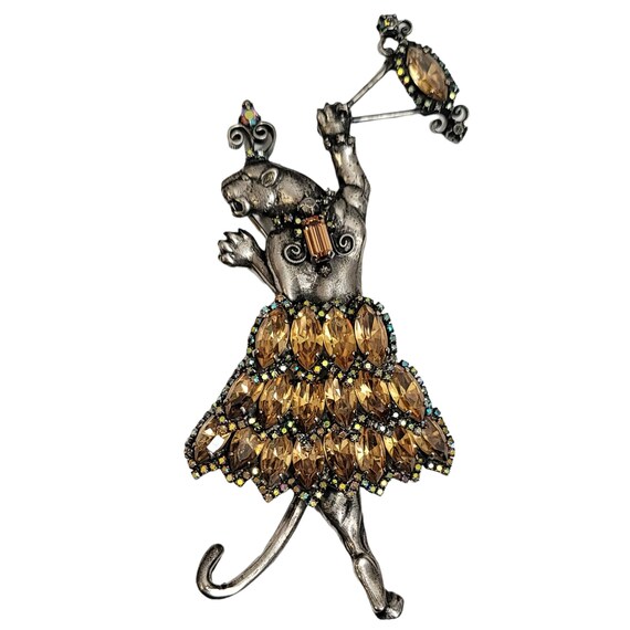 Danny Pollak Silver Tone Topaz, AB Rhinestone Jaguar Brooch Pin, Signed