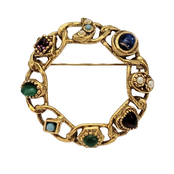 Goldette, Chain Link Rhinestone Faux Pearl Victorian Stye Round Brooch K756