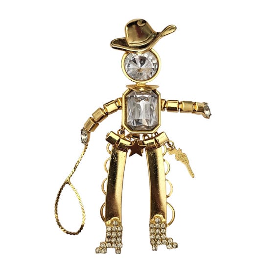 Cowboy Brooch, Lasso, Pistol Charm, Articulated Lucite Rhinestone Pin J662