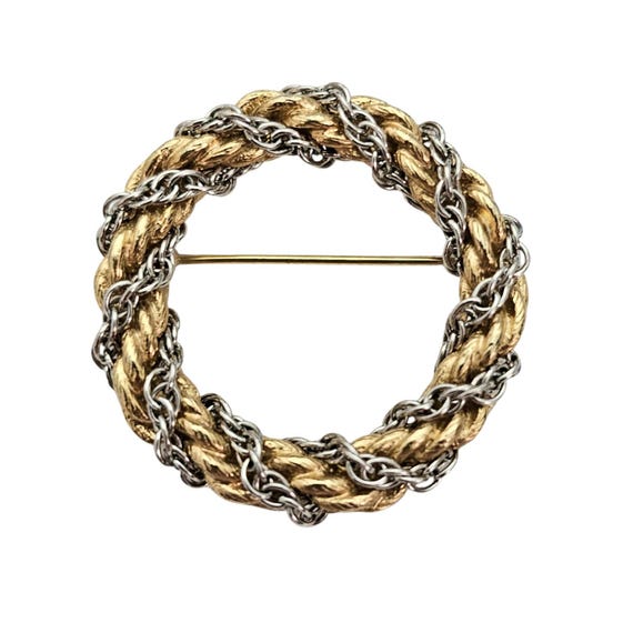 Napier Vintage Gold Tone & Silver Tone Rope Chain Round Open Brooch, Signed