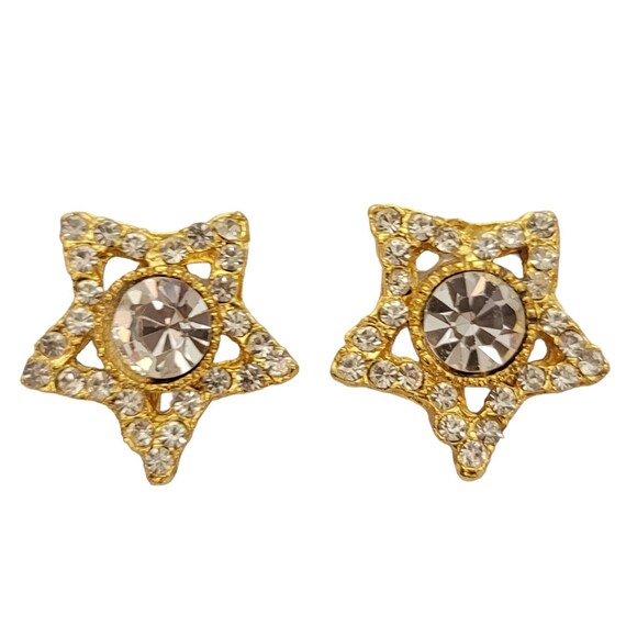 Dauplaise Gold Tone Clear Rhinestone Open Star Clip-On Earrings, Signed E310