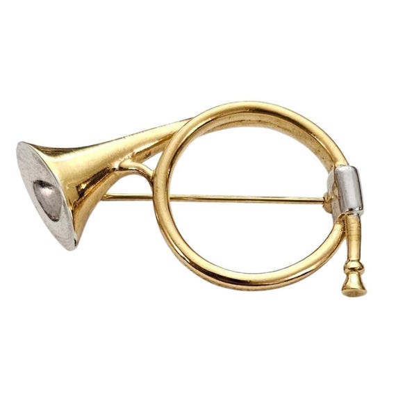 Trifari Gold Tone Silver Tone Bugle Brooch, Vintage French Horn Pin, Signed