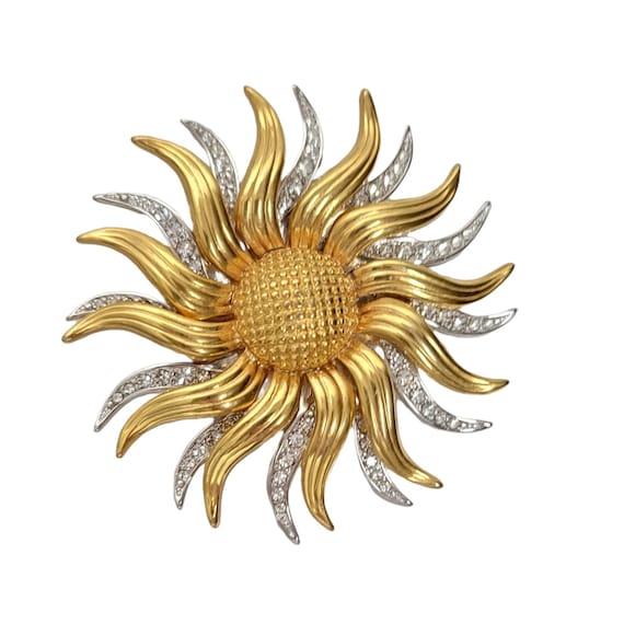 KJL Kenneth Jay Lane Gold-Tone Silvertone Clear Rhinestone Sunflower Brooch Pendant, Enhancer  Signed