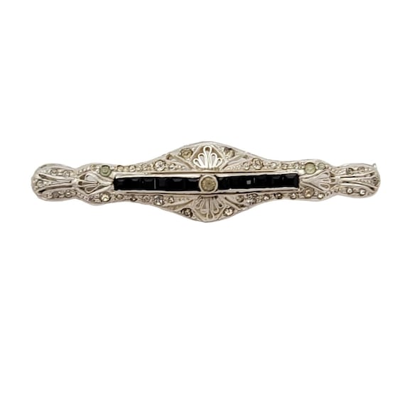 Sterling Art Deco Clear Paste Rhinestone Square Black Chanel Set Stones Bar Pin K175
