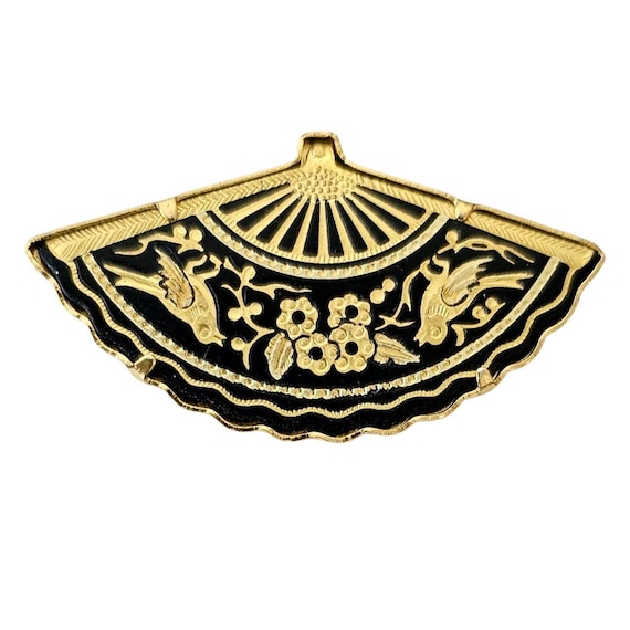 Damascene Fan Brooch Pin Bird Flower Pattern, J29