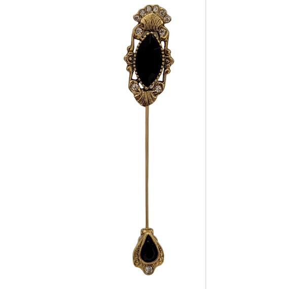 1928 Brand Black Clear Glass Rhinestone Ornate W/ Matching Cap Lapel Stick Pin K340