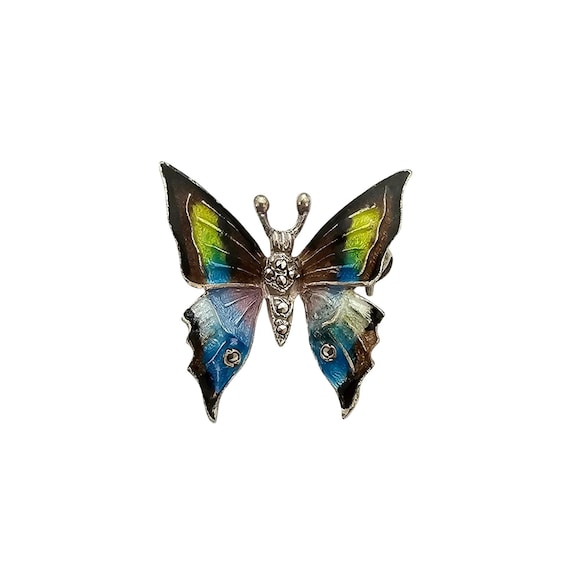 Sterling Silver Butterfly Brooch Blue Green Enamel Marcasite Pin, Germany C803