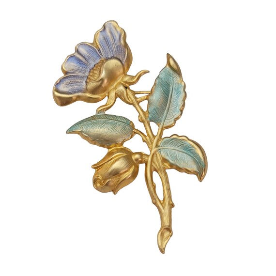 Matte Gold Tone Repousse Periwinkle Pastel Green Enamel Flower Brooch Pin E614