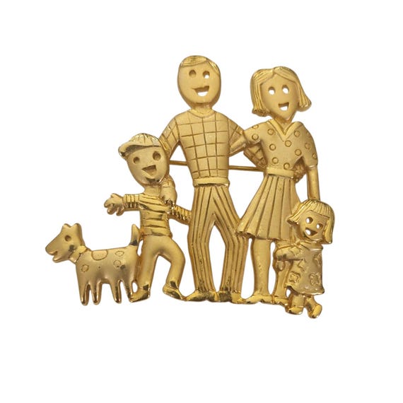 JJ Jonette Jewelry Gold Tone Mom Dad Kids, Dog Family Brooch Pin, Signed L800