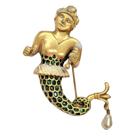Gold Tone Green Enamel Faux Pearl Mythical Merman Brooch