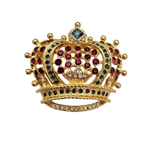 Kenneth Jay Lane Red Blue Clear Rhinestone Crown Brooch Book Piece Signed, C869
