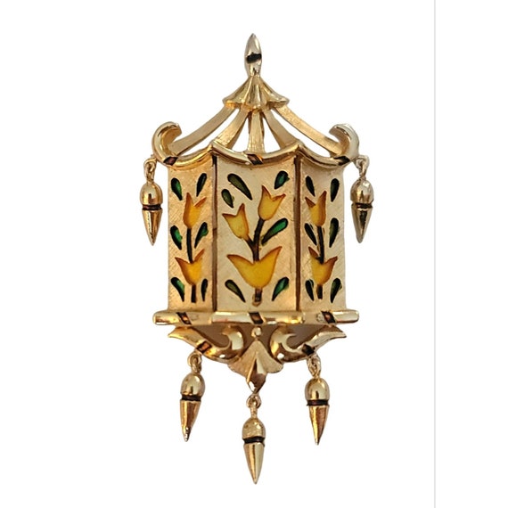 Trifari Yellow Green Enamel L'Orient Pagoda Lantern Brooch Pendant, Signed M1022