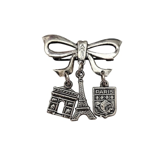 Silver Tone Bow Bar Brooch Paris Eiffel Charm Pin C746