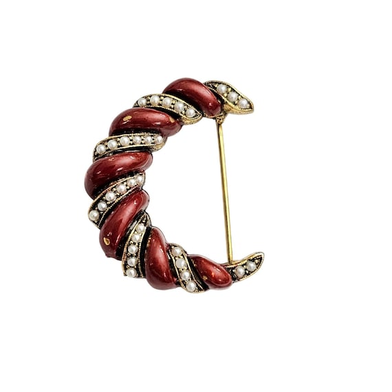 HAR Faux Pearl Red Enamel Crescent Moon Brooch Rare Pin Signed, J371