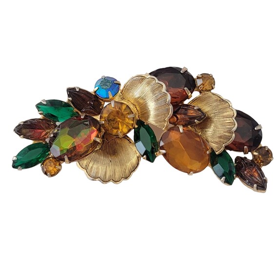 Vintage Watermelon Topaz Green Rhinestone Cluster Leaf Brooch E602