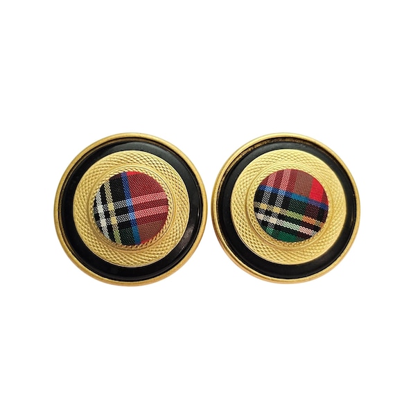 Matte Gold Tone Black Rim Red Plaid Center Clip On Earrings J621