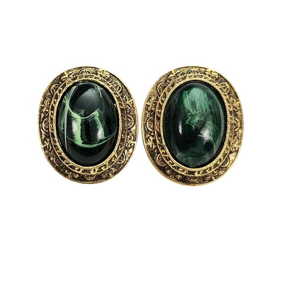 1928 Brand Gold Tone Green Oval Lucite Clip On Earrings