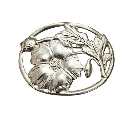 Sterling Silver Repousse Flower Leaf Brooch Oval Pin C798