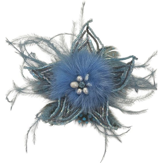 Blue Glass Beaded Fur, Feather, Pearl Star Hair Clip Brooch, L801