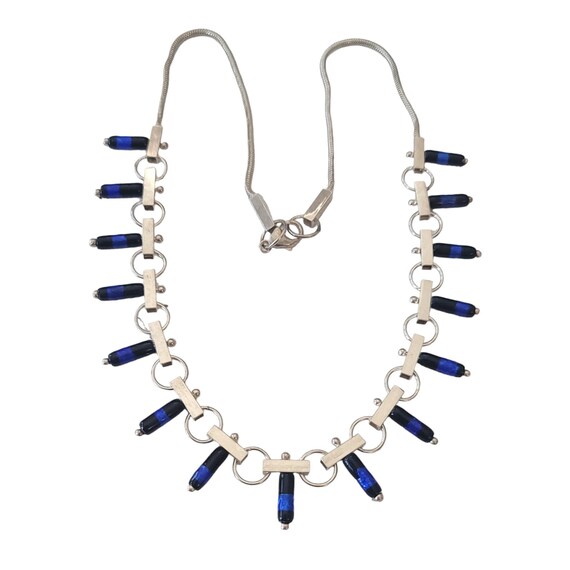 Sterling Silver & Cobalt Blue Glass Square, Long Bead Collar Cable Chain Necklace E944