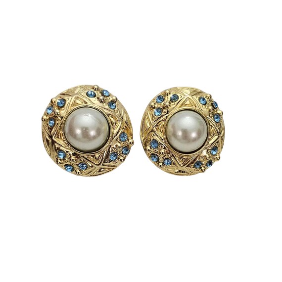 Two Sisters Gold Tone Round Clip On Earrings Blue Rhinestone Faux Pearl Signed