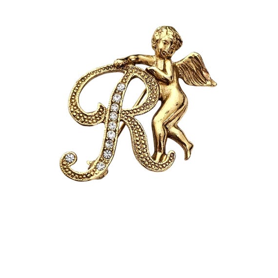 1928 Brand Cupid Holding Letter R Brooch Clear Rhinestone Pin J555