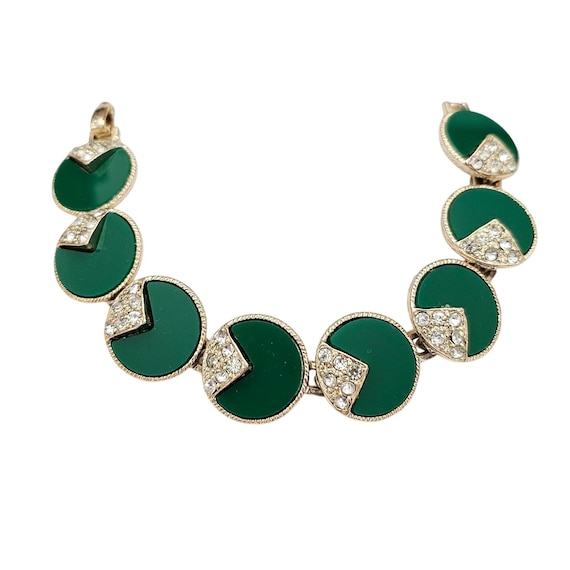 Gold-Tone Round Panel Link Bracelet Green & Clear Links Vintage 1940s- 50s J914