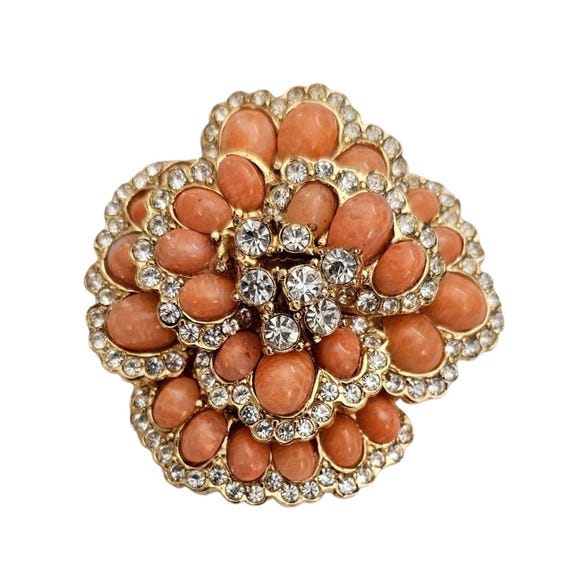 Ciner Oval Coral Glass Cab Clear Rhinestone Brooch Flower Cluster Pin Signed, J50