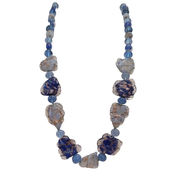 Vintage Gold Floss Blue Art Glass Knotted Bead Necklace 22.5" Long, E847