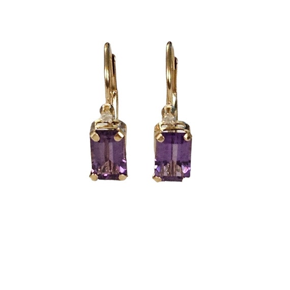 14K Yellow Gold Diamond, Square Amethyst Lever Back Earrings L171