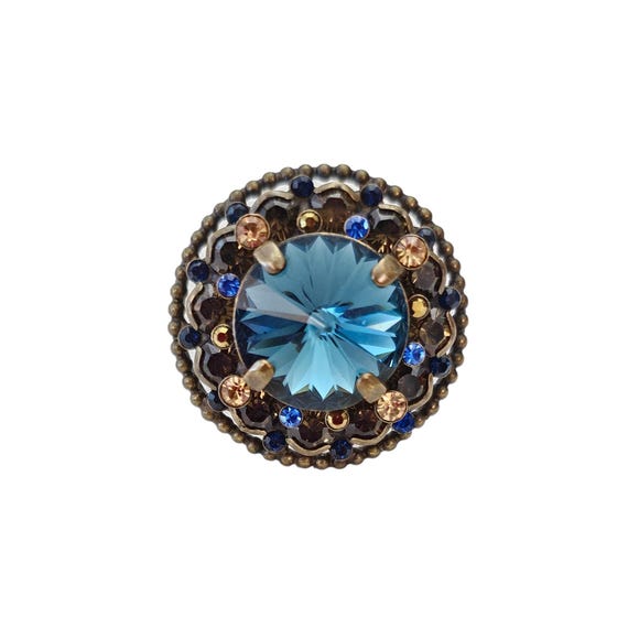Sorrelli Blue Rivoli Prong Set Rhinestone Topaz Bezel Set Ring Size 6.5, Signed L337