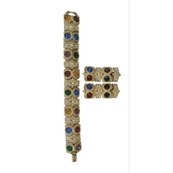 Gold Tone Clear Multicolor Rhinestone Designer Etruscan Style Bracelet & Clip Earrings Set K55