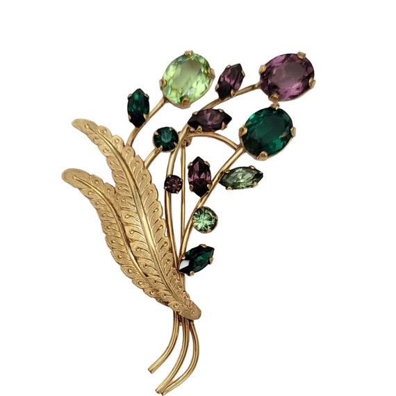 12K Gold Filled Vintage Purple Green Prong Set Rhinestone Stemmed Glowing Floral Brooch E616