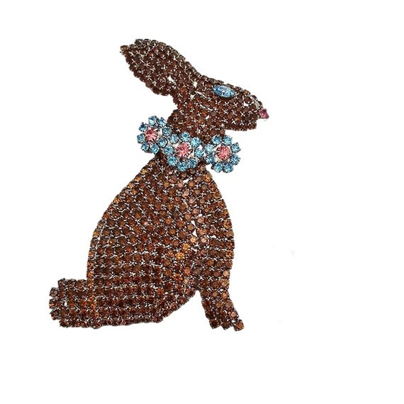Rabbit Brooch Chocolate Pink Blue Prong Rhinestone Easter Pin C995