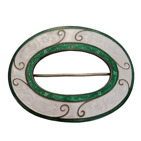 Vintage Green White Enamel Guilloche Art Deco Sash Brooch Pin K05