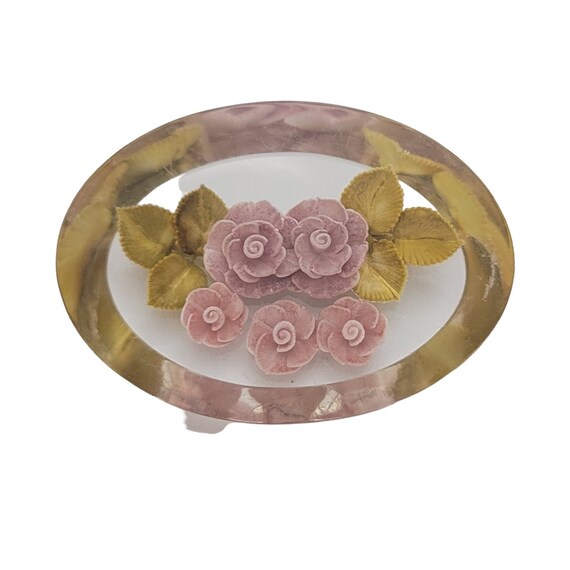Vintage Clear Lucite Resin Reversed Carved Pink Rose Flower Oval Brooch Pin, E269