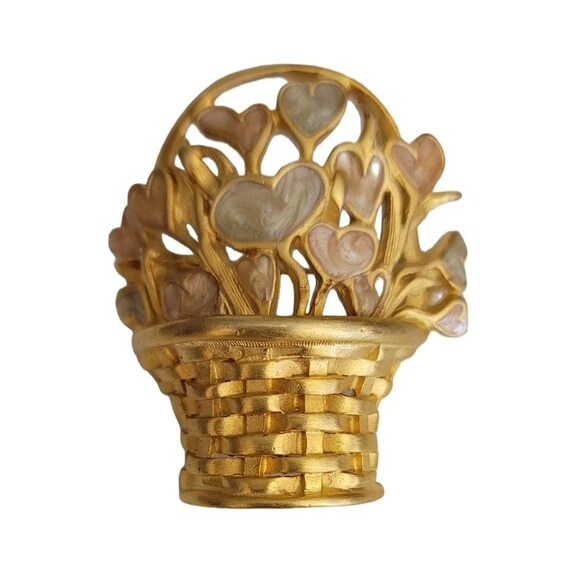 Gold Tone Enamel Basket Of Heart Flowers Brooch P… - image 8