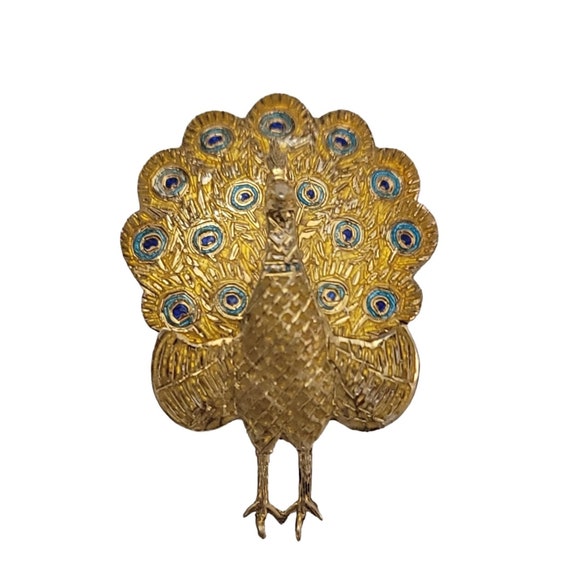Sterling 925 Silver Gold Vermeil Yellow Blue Enamel Hinged Peacock Pin Brooch K258