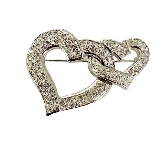 Swarovski Clear Crystal Silver Tone Entwined Heart Duo Brooch Pin L102