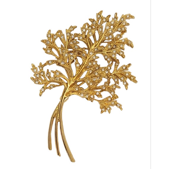 Vanity Co. Gold Tone Clear Rhinestone Leaf Statement Brooch, Signed K399