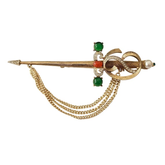 Vintage Sword Brooch Red Green Glass Cabochon Chain Dangle Pin C953
