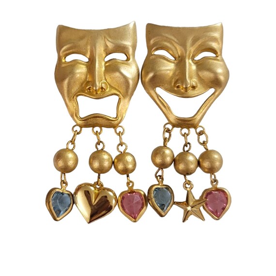 Matte Gold Tone Tragic Comedy Mask, Pink Blue Caged Hearts Dangle Clip-On Earrings K983