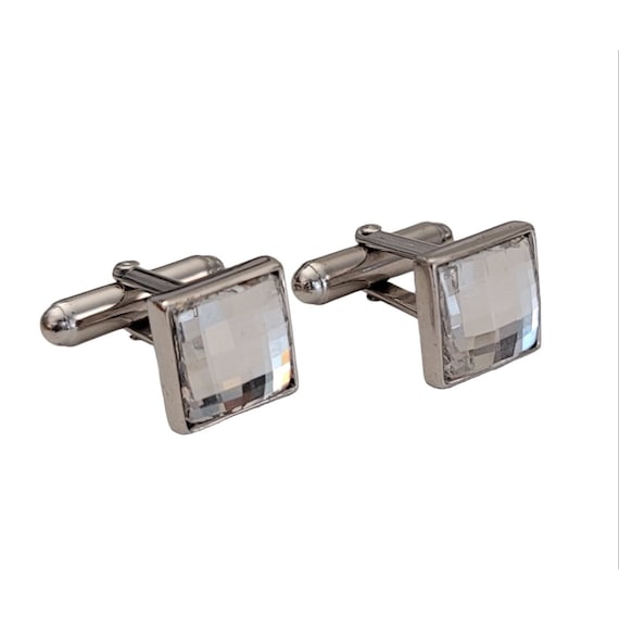 Swarovski Swan Logo Silver-Tone Square Faceted Clear Crystal Cufflinks K288