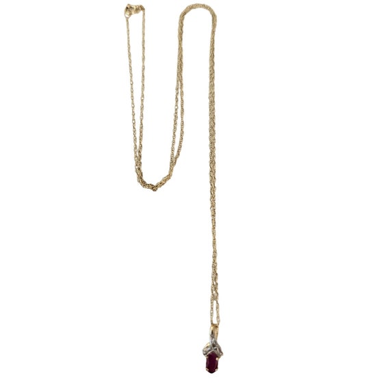 10K Yellow Gold Ruby, Diamond Chip Pendant 18.5” Long Chain Necklace, L58